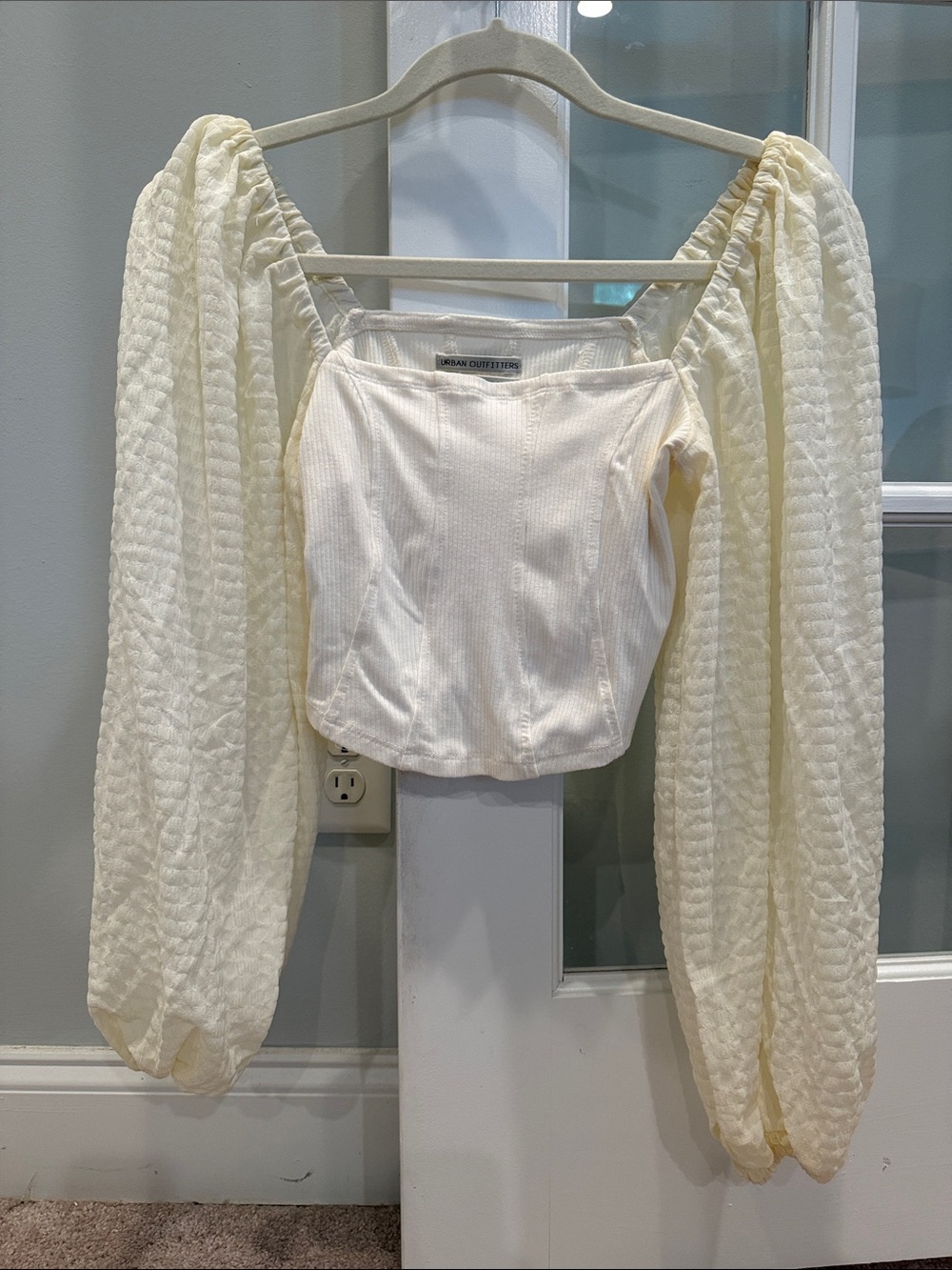 Urban Outfitters Cream Puff-Sleeve Cropped Square-Neck Top
